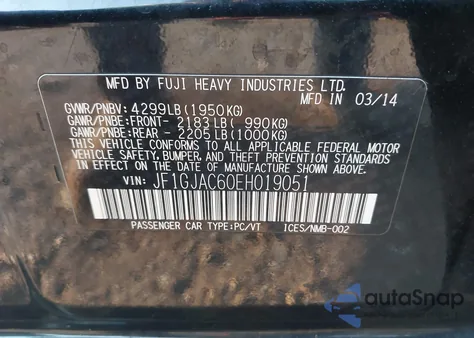 2014 Subaru Impreza 2.0I Premium from USA, damaged, VIN JF1GJAC60EH019051